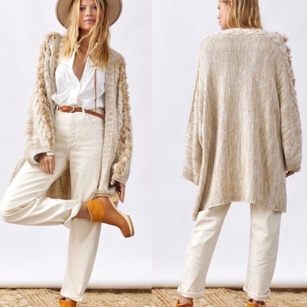 Anthropologie Long Cardigan‎ Braided Sleeve Knit Fringe Open Front Sweater OD